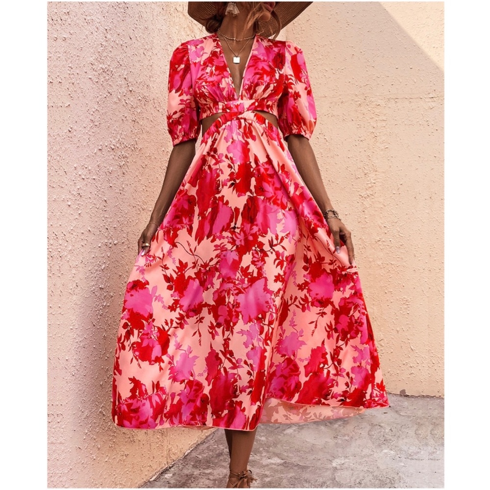 Boho Pink Floral Print Cut out Maxi Dress - Picture 3 of 4